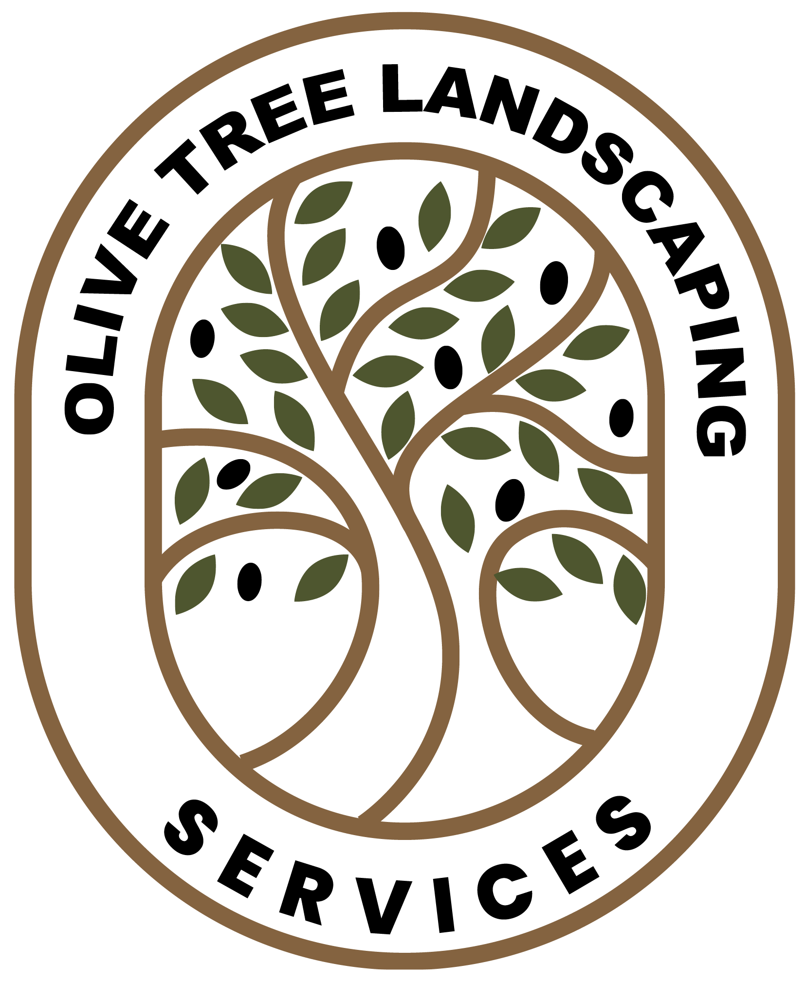 Logo for Olive tree Landscaping Services in brown, green , black and white colours