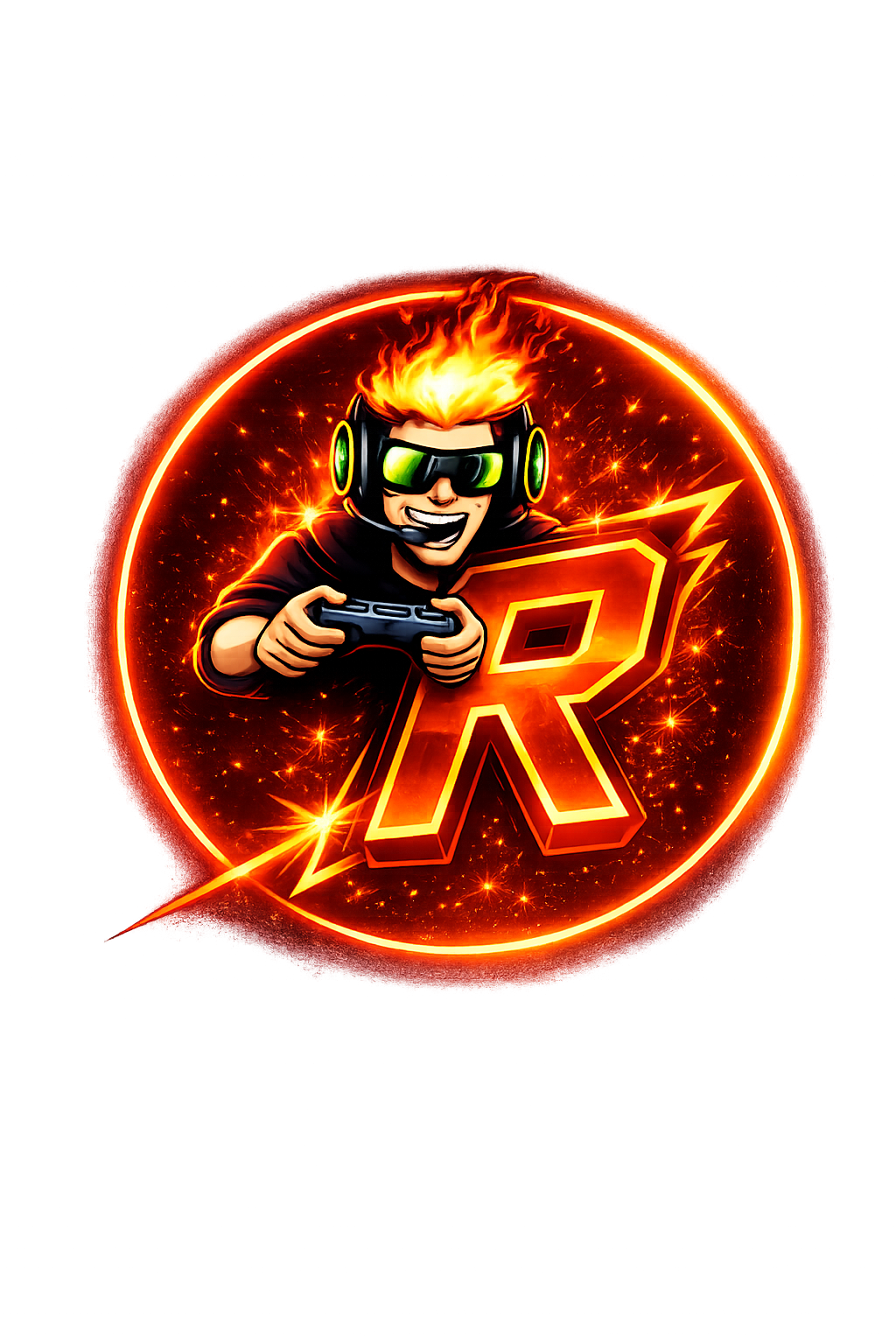 A digital illustration of a person with fiery hair, wearing headphones and sunglasses, holding a game controller, with a large glowing orange letters 'R' in the background surrounded by sparks and an explosion effect.
