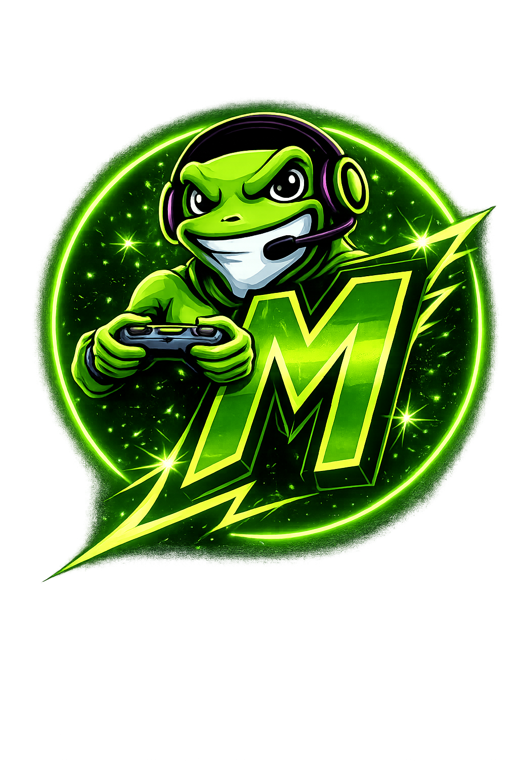 A cartoon frog wearing a gaming headset, holding a game controller, with a large lightning bolt and the letter 'M' in neon green and black, glowing in a cosmic starry background.