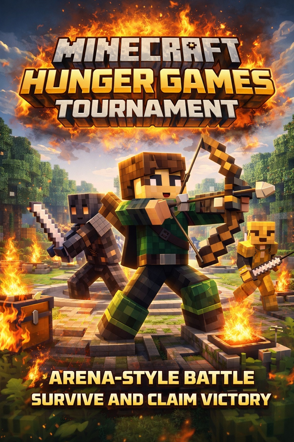 Minecraft Hunger Games Tournament poster showing blocky characters with a bow and arrow, sword, and a melee weapon in a flaming forest setting with the title and tagline.