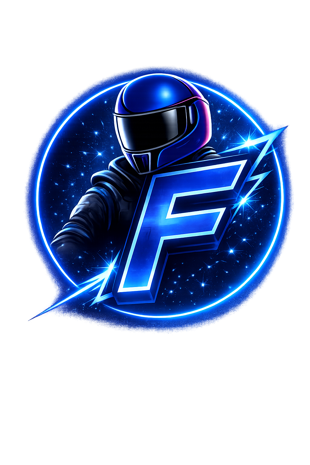 A futuristic illustration of a person in an astronaut suit with a helmet, holding a large glowing blue letter 'F' surrounded by a glowing circle and star-filled space background.