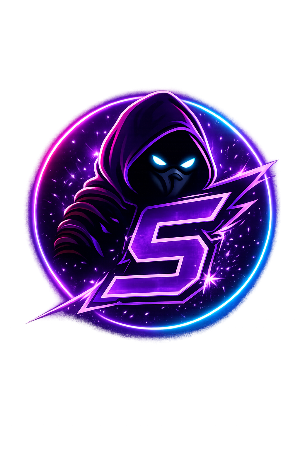 A neon-style digital illustration of a mysterious figure with glowing blue eyes wearing a hoodie, surrounded by cosmic purple and blue hues, with a prominent number 5 and a lightning bolt.