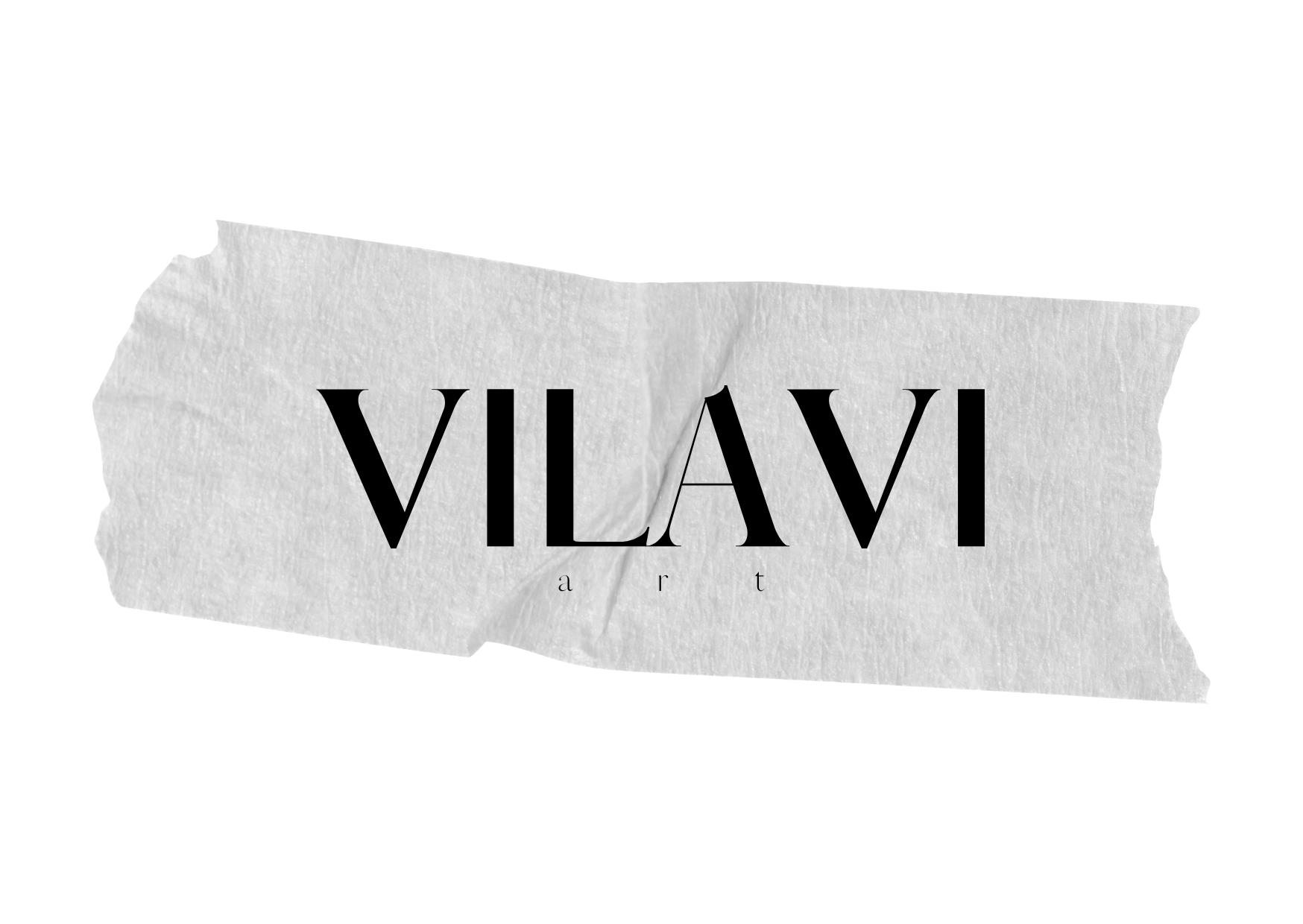 Text auf zerrissenem Papier, das 'VILAVI' in großen schwarzen Buchstaben und darunter 'art' in kleinen Buchstaben zeigt, vor schwarzem Hintergrund