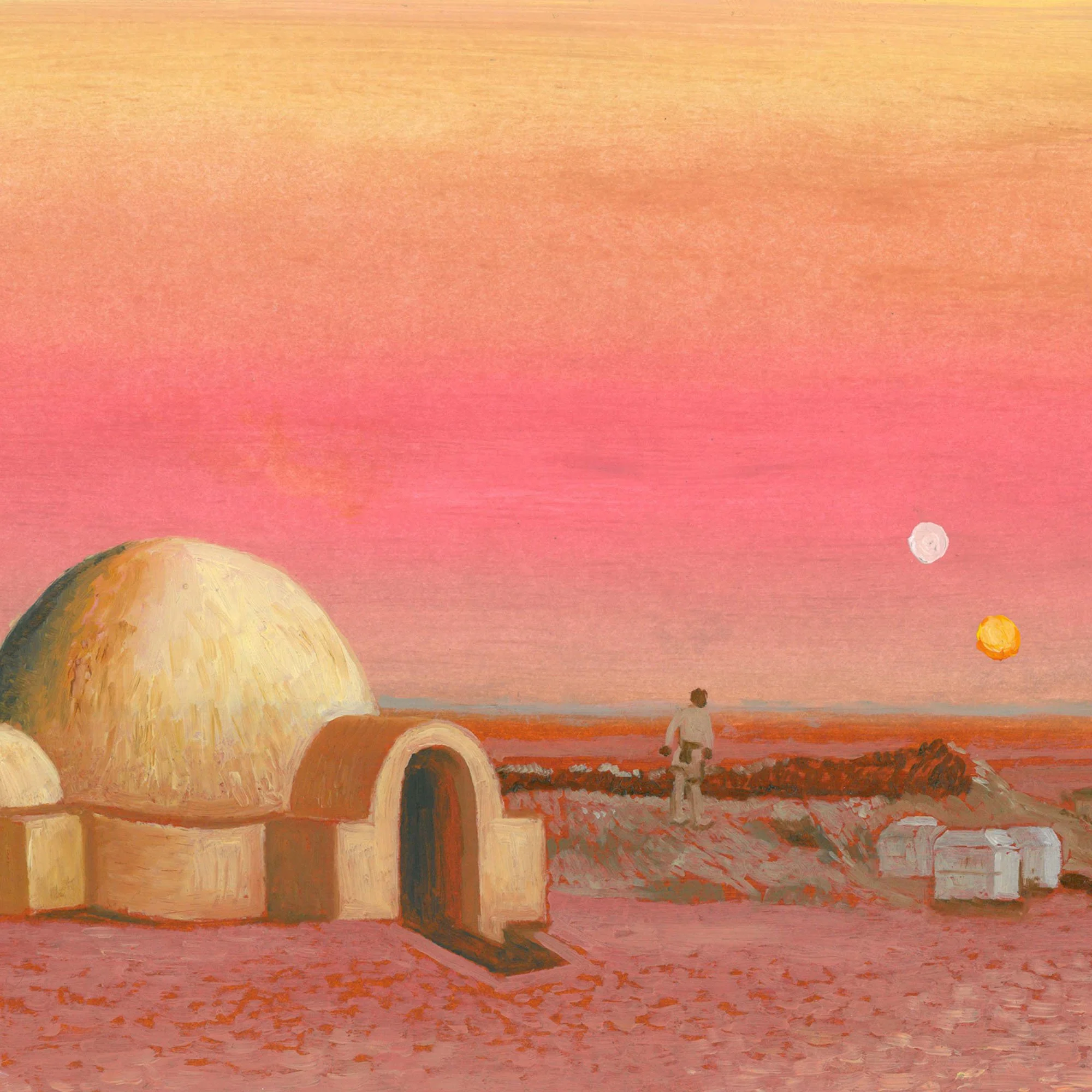 Painting of a desert landscape with a large white sun, smaller yellow sun, and a figure of a person under a tree.