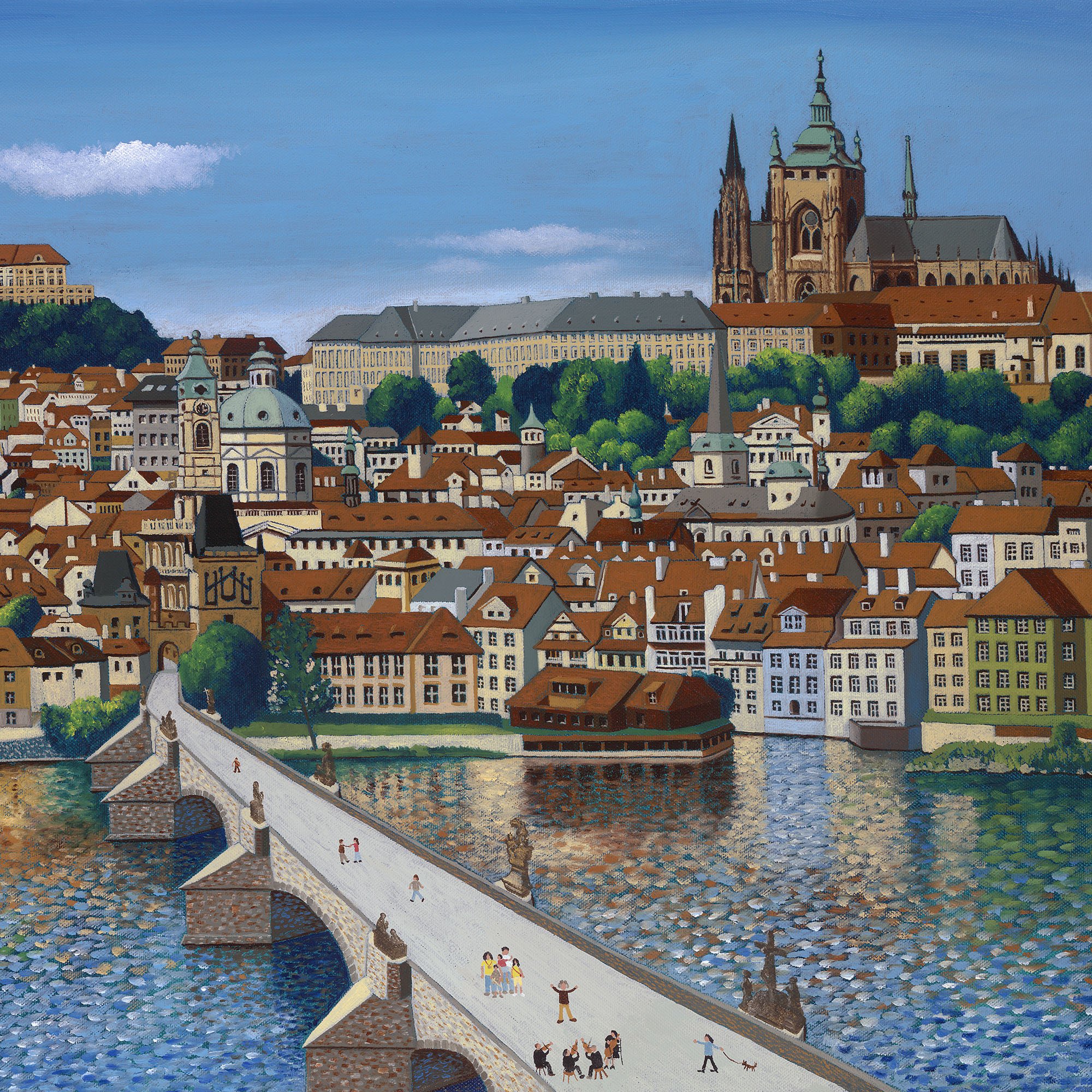 Painting of a European city with a stone bridge crossing a river, church spires, and historic buildings with orange roofs under a blue sky with scattered clouds.