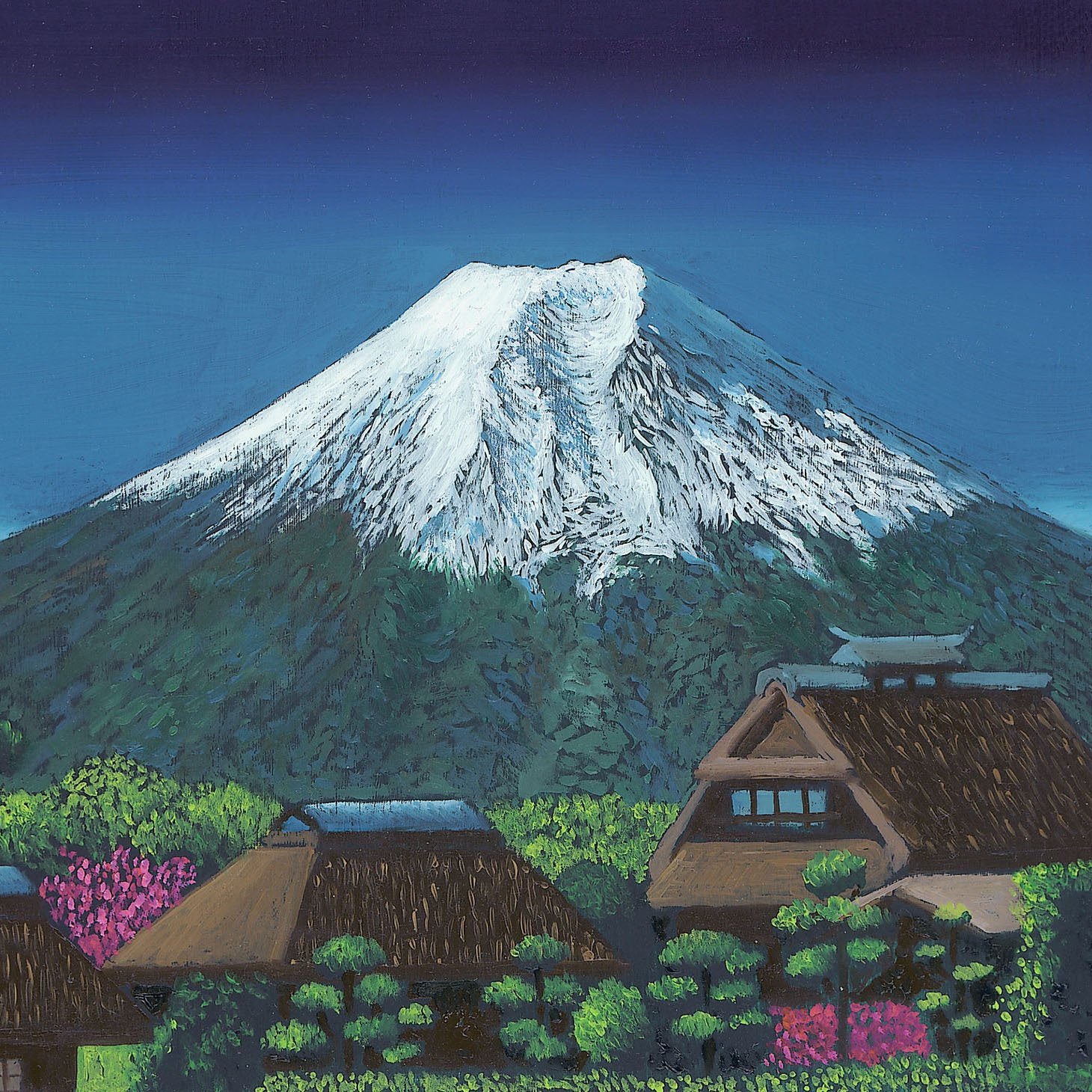 Colorful painting of Mount Fuji with snowy peak, green trees, and traditional Japanese houses in the foreground.