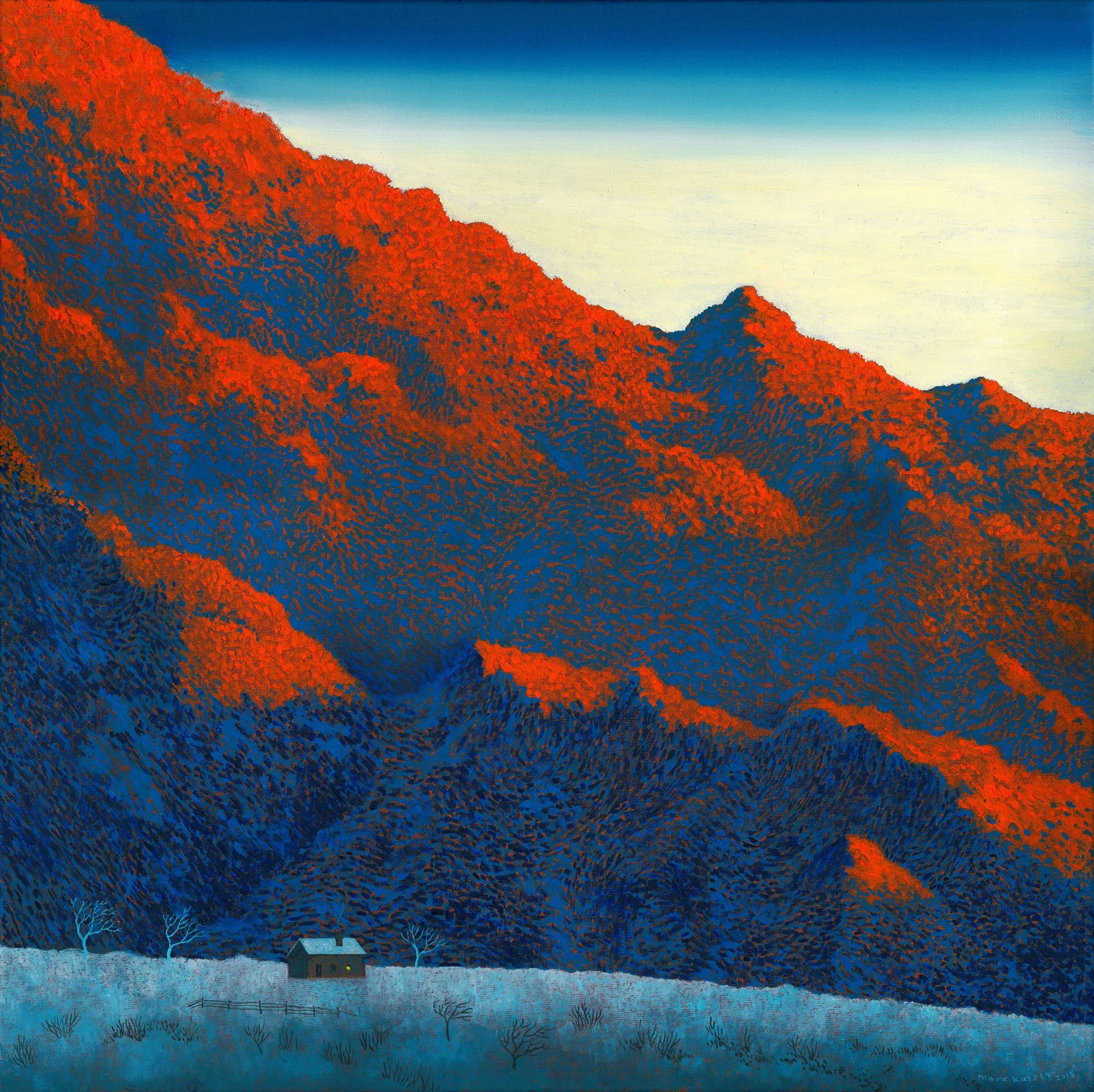 A painting of a landscape featuring a large mountain with red and blue hues, a small house with trees in the foreground, and a blue sky above.