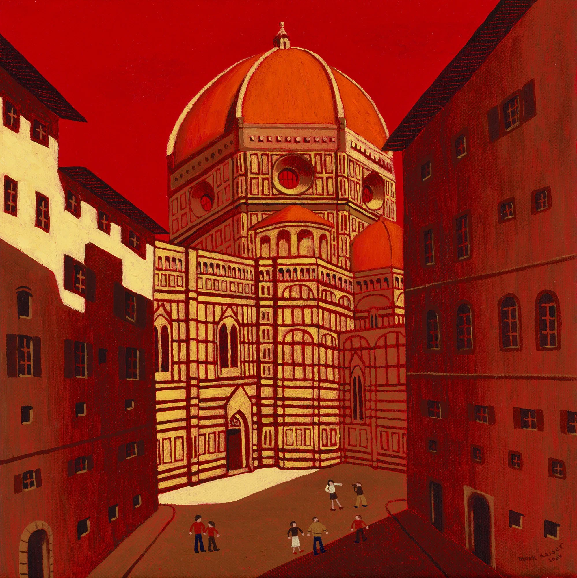 A painting depicting a city square with a large central building that has a red dome, surrounded by smaller buildings with windows. The scene includes people walking and standing, with a vivid red sky in the background.