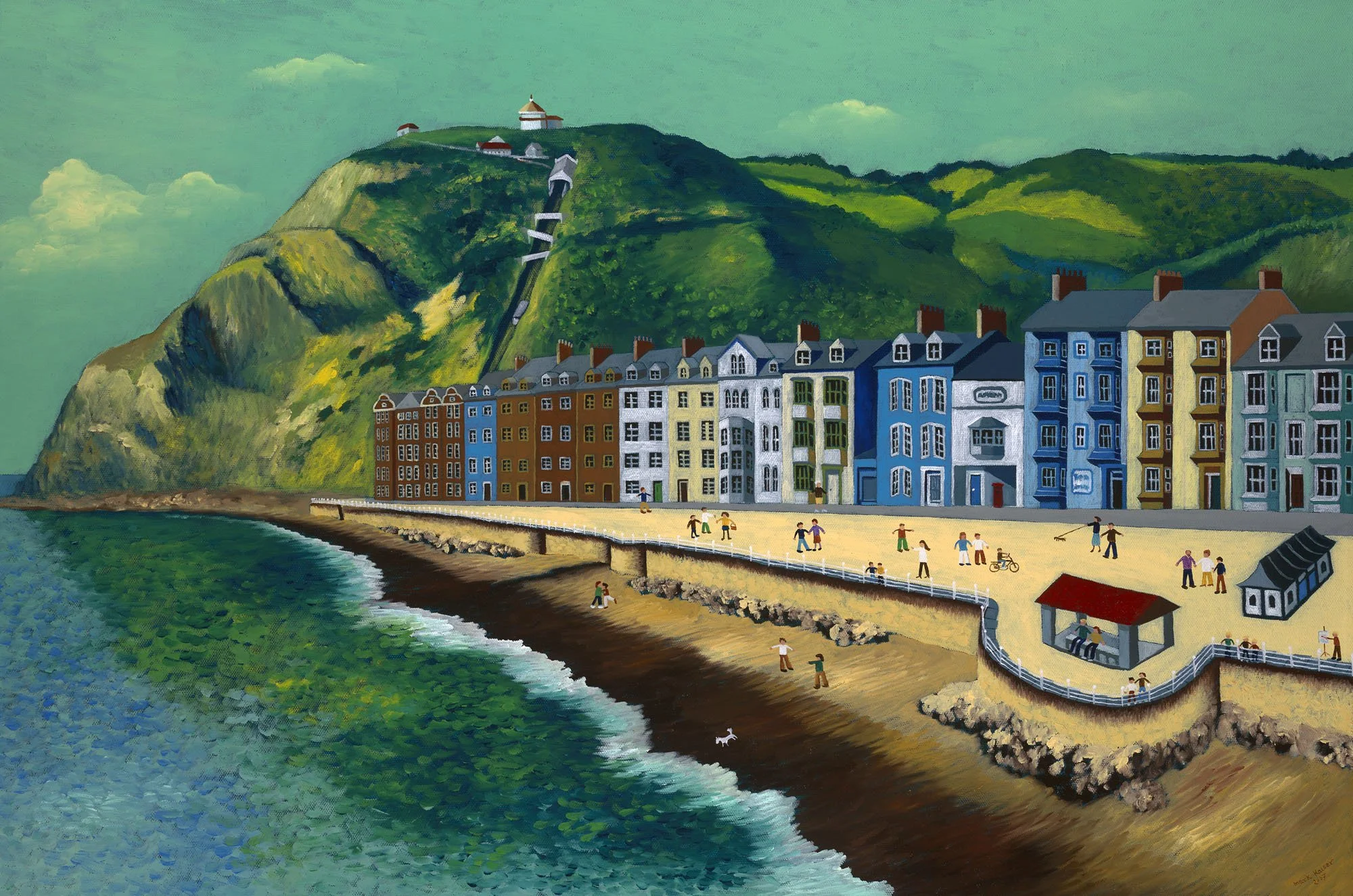 A colorful painting of a seaside town with a large green hill in the background. The town has a row of pastel-colored buildings along the waterfront, with people walking, cycling, and playing on the beach. A staircase ascends the hill to small houses