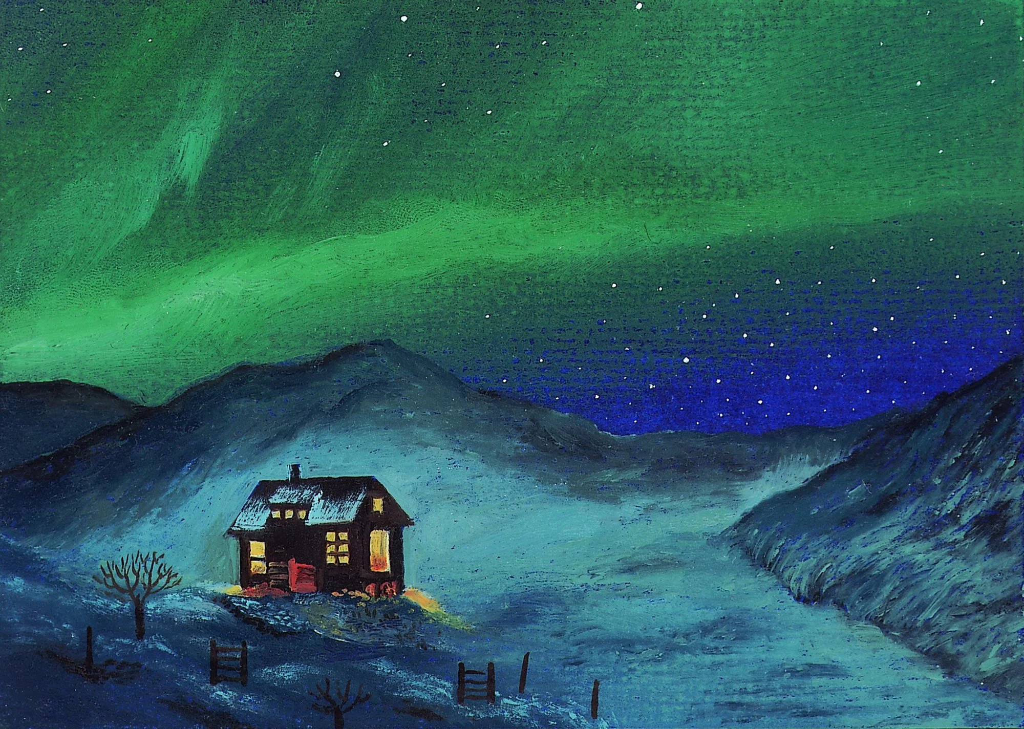 A painting of the night sky with the Northern Lights over a rural landscape featuring a house with lit windows, a tree, and fences surrounded by rolling hills.