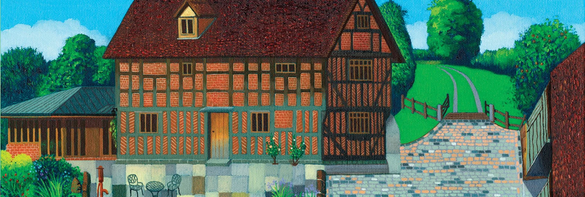 Painting of a traditional brick and timber house with a sloped red roof, surrounded by greenery, a cobblestone driveway, and a small garden.
