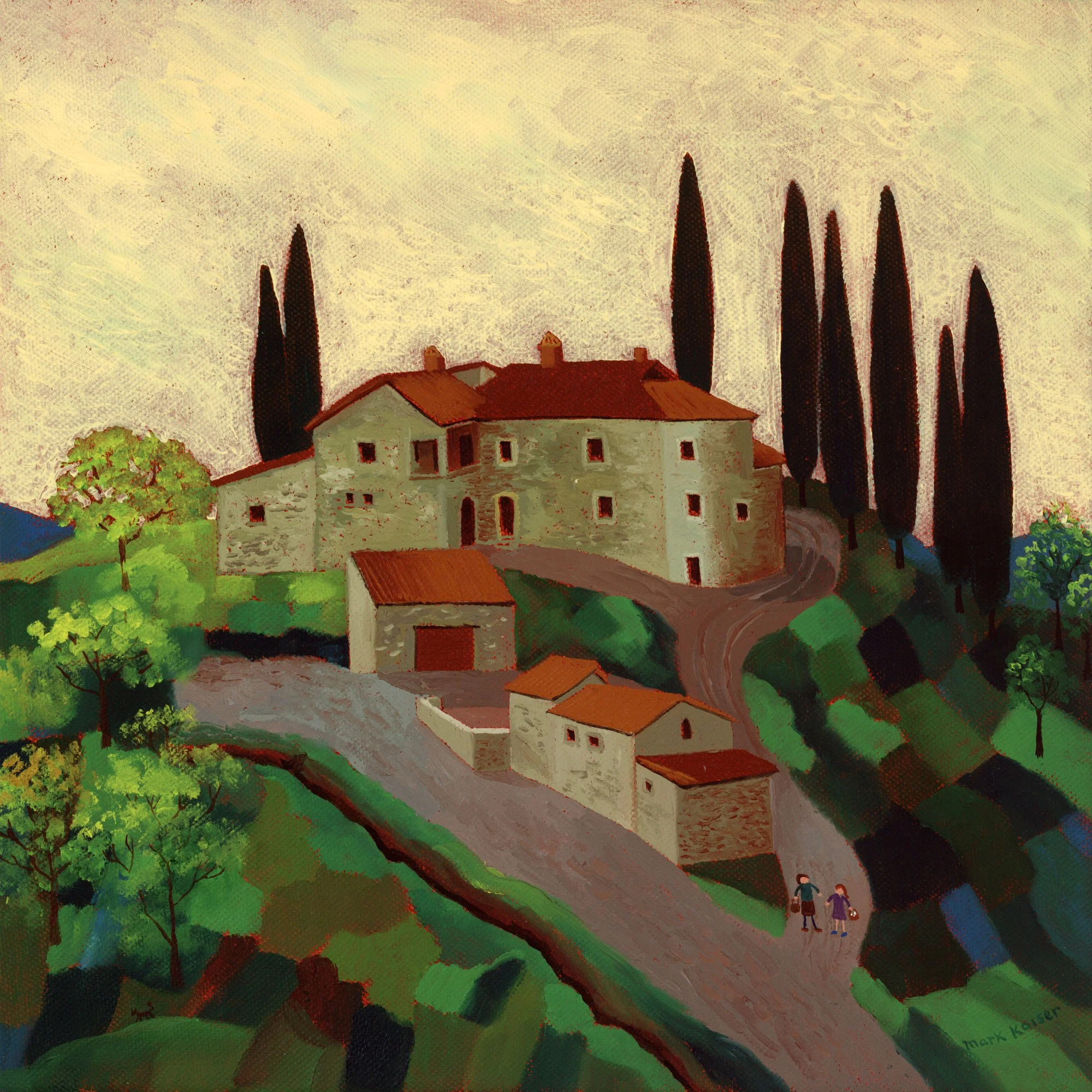 A painting of a hillside scene with a large white house topped with a red roof, elongated cypress trees, lush green foliage, and two people walking along a winding path.