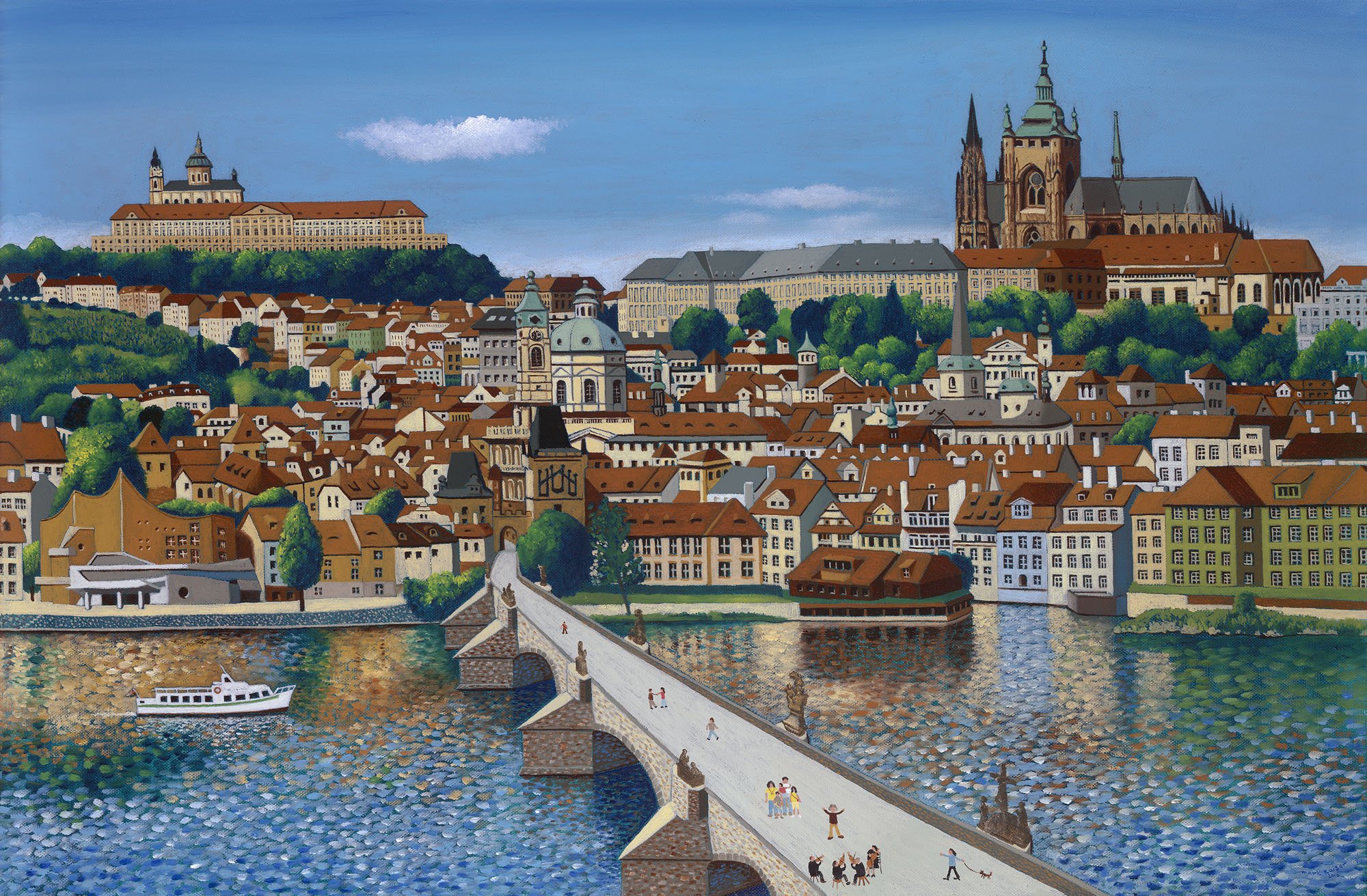 Colorful painting of a European cityscape with a river in the foreground, a stone bridge with people walking across, and historic buildings and churches on a hill in the background.