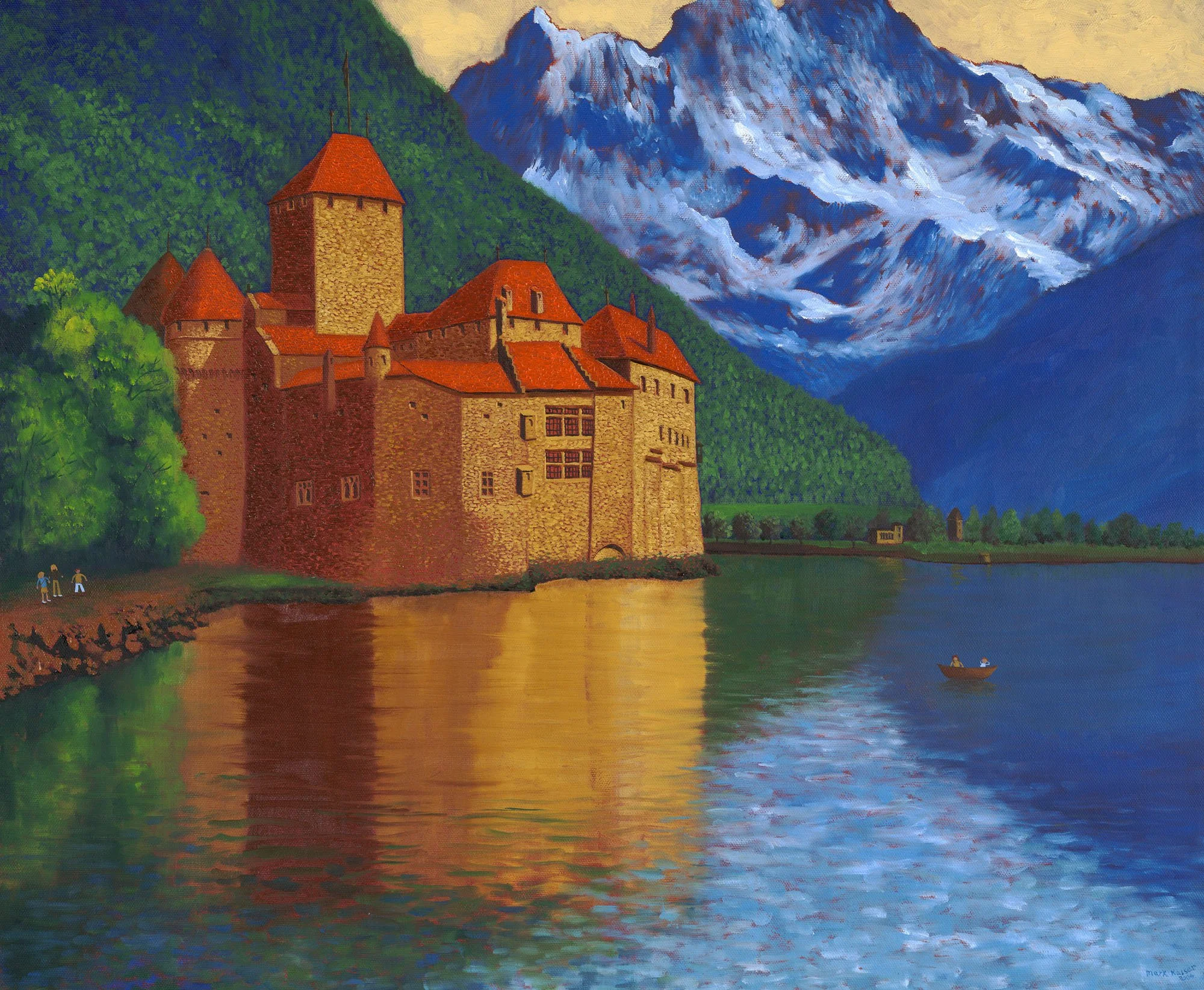 A colorful painting of a castle on a hillside by a river with mountains in the background, a boat with two people near the shore, and a small group of people at the bottom left corner.