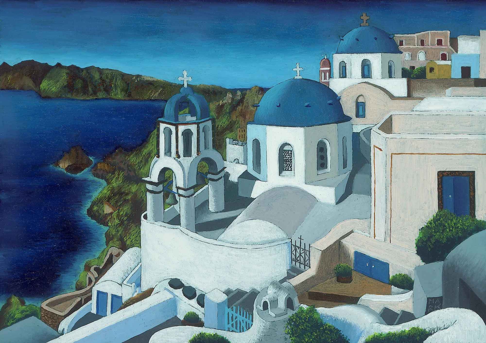 A painting of a Greek island scene with white buildings and blue domed roofs overlooking the ocean. There are mountains in the background and palm trees around the buildings.