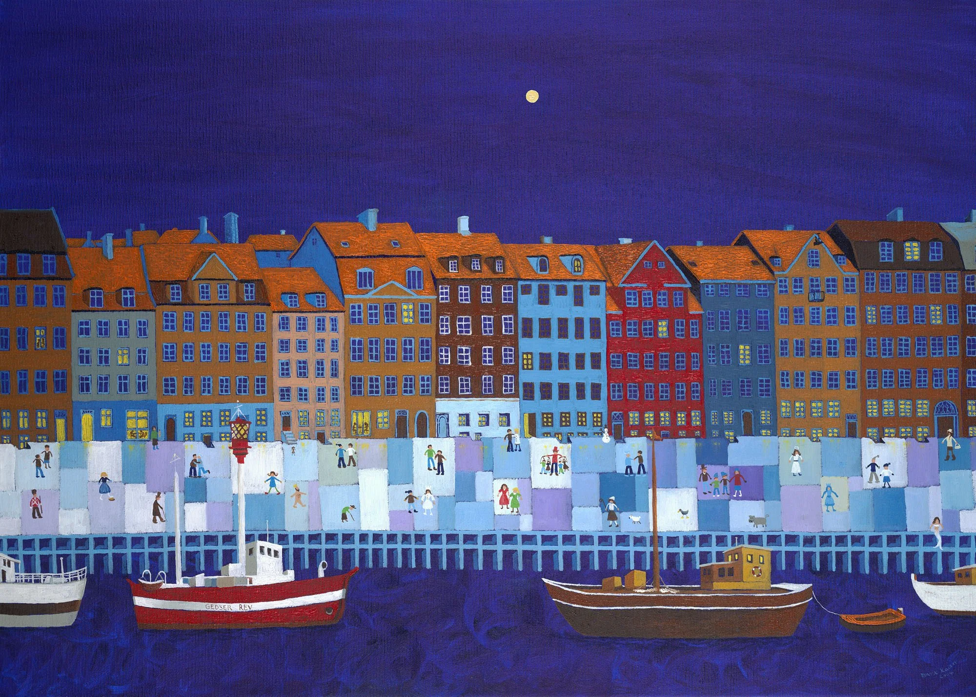 Colorful illustration of a harbor with three boats docked in the water, a row of brightly colored townhouses with red, orange, blue, and yellow facades and varying roof styles, and a winter scene with ice skaters, people walking, and children playing