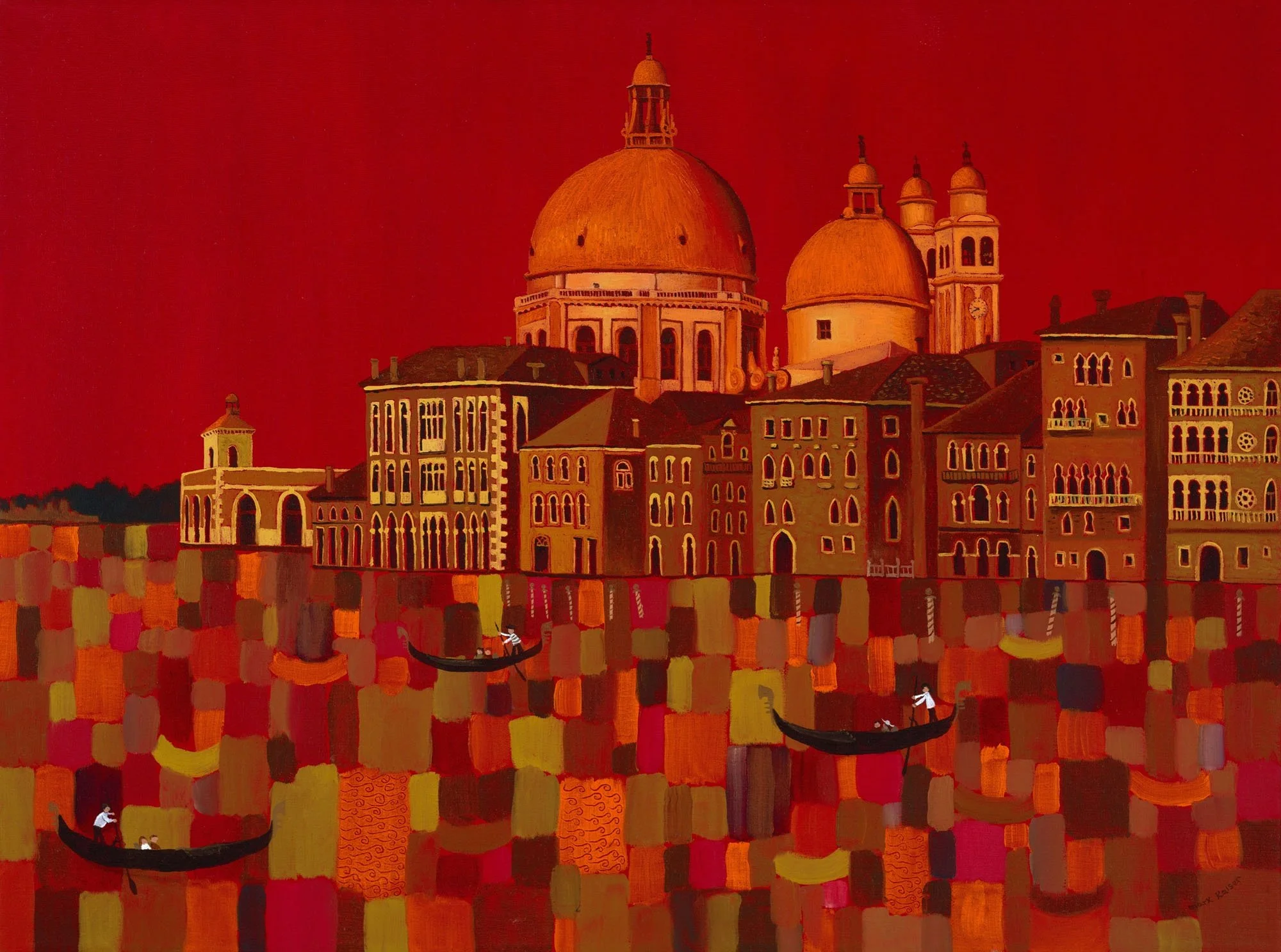 A painting of Venice with orange and red tones, showing domed churches and historic buildings. There are gondolas with gondoliers in black, and small figures walking or riding vespas on the buildings.