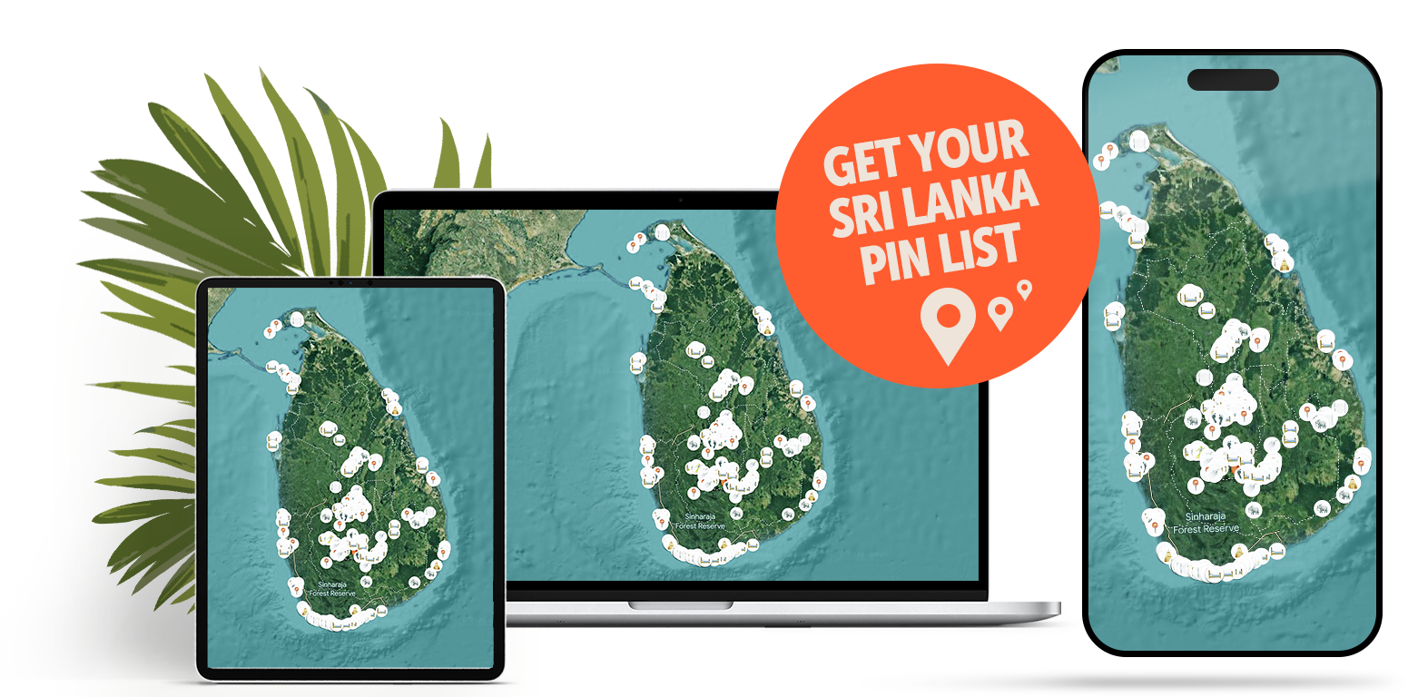 Illustration of maps on a tablet, laptop, and smartphone showing Sri Lanka with pins indicating locations for a Sri Lanka travel app. A red circle contains the text "Get your Sri Lanka pin list."