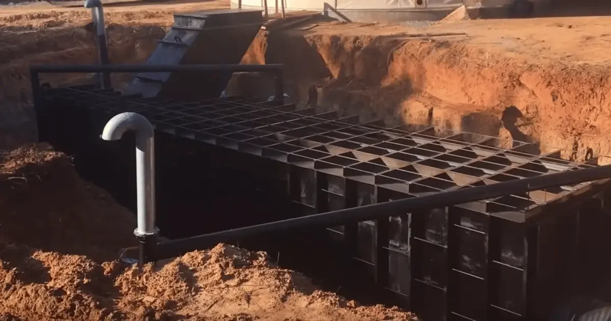 Travaux de construction pour une cuve ou un bassin, avec une grille métallique et des tuyaux en PVC dans la terre aride.