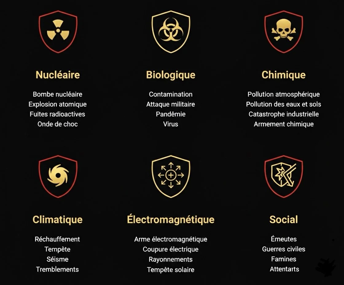 Signalétique des risques auxquels peut répondre le bunker. Nucléaire Biologique, Climatique Electromagnétique
