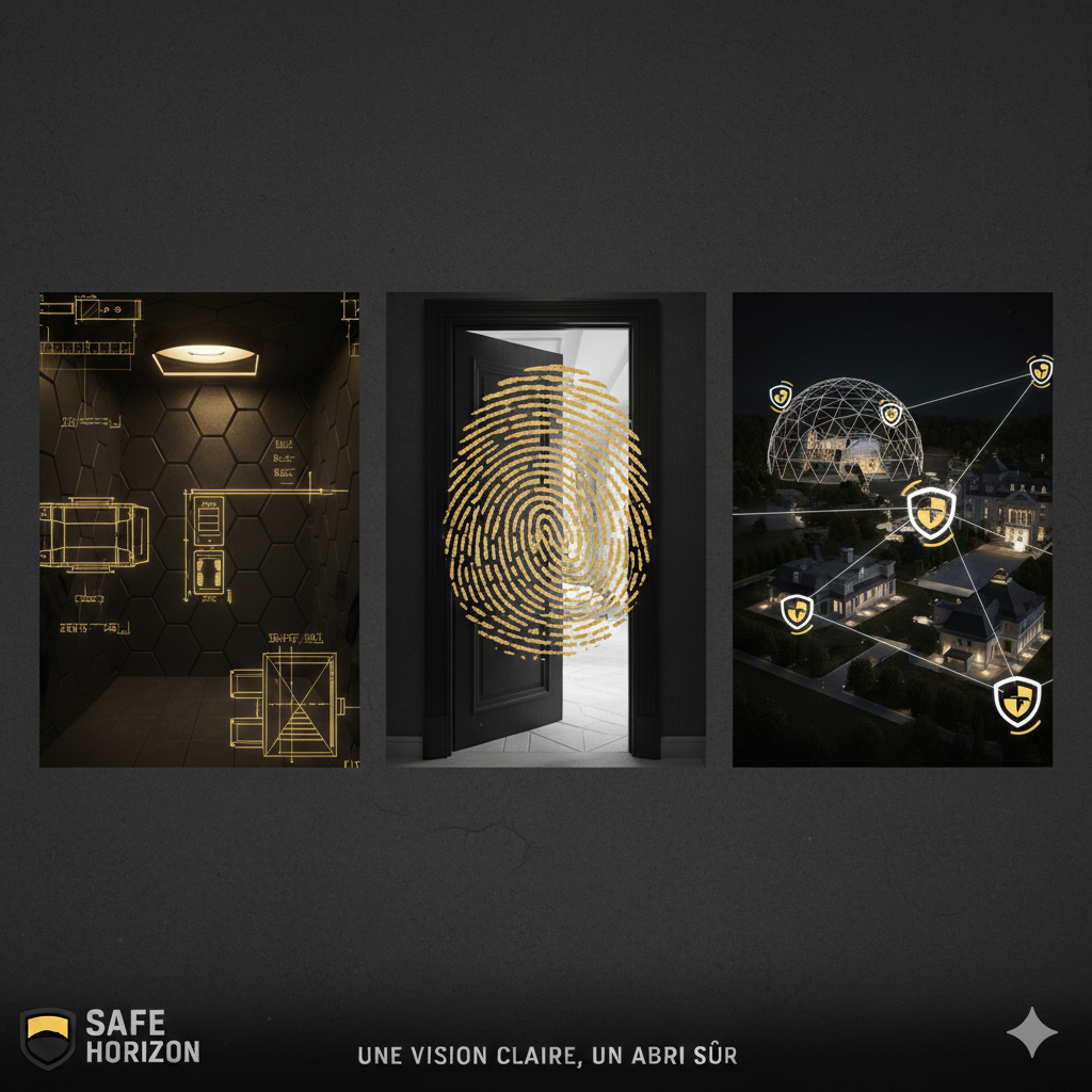 Trois images illustrant la sécurité et la technologie : un mur avec des schémas techniques en doré, une porte avec une empreinte digitale en doré, et une vue aérienne de maisons avec des protections numériques en ligne. Logo en bas à gauche et texte en français "Une vision claire, un abri sûr."