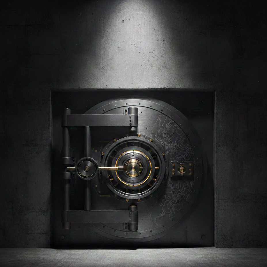 Un coffre-fort en acier noir dans un mur en béton.