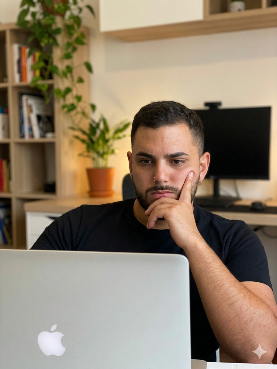 A bearded man looking at an Apple laptop, sitting in an office with bookshelves, plants, and monitors