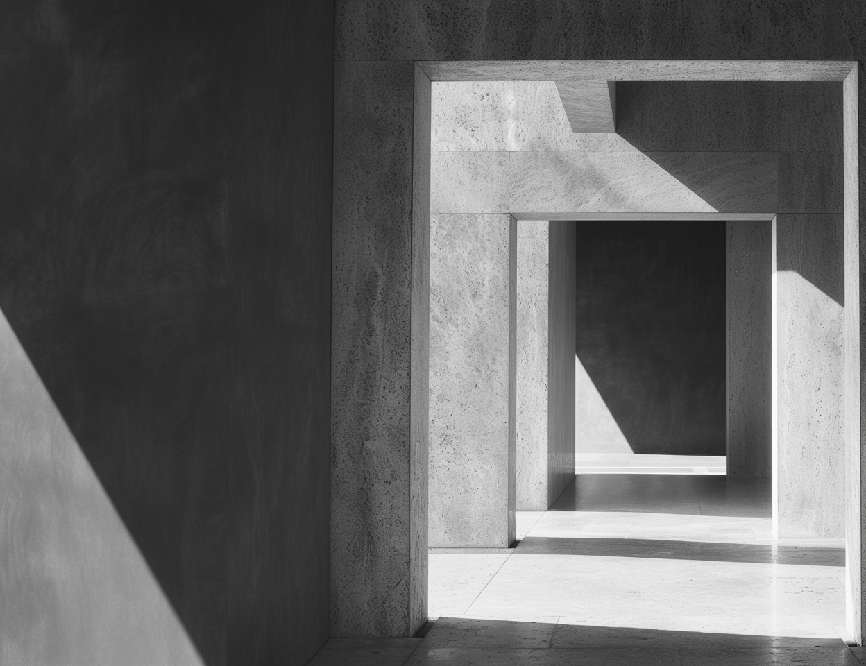 Un'immagine in bianco e nero di corridoi architettonici con pareti e archi in cemento, con giochi di luce e ombra.