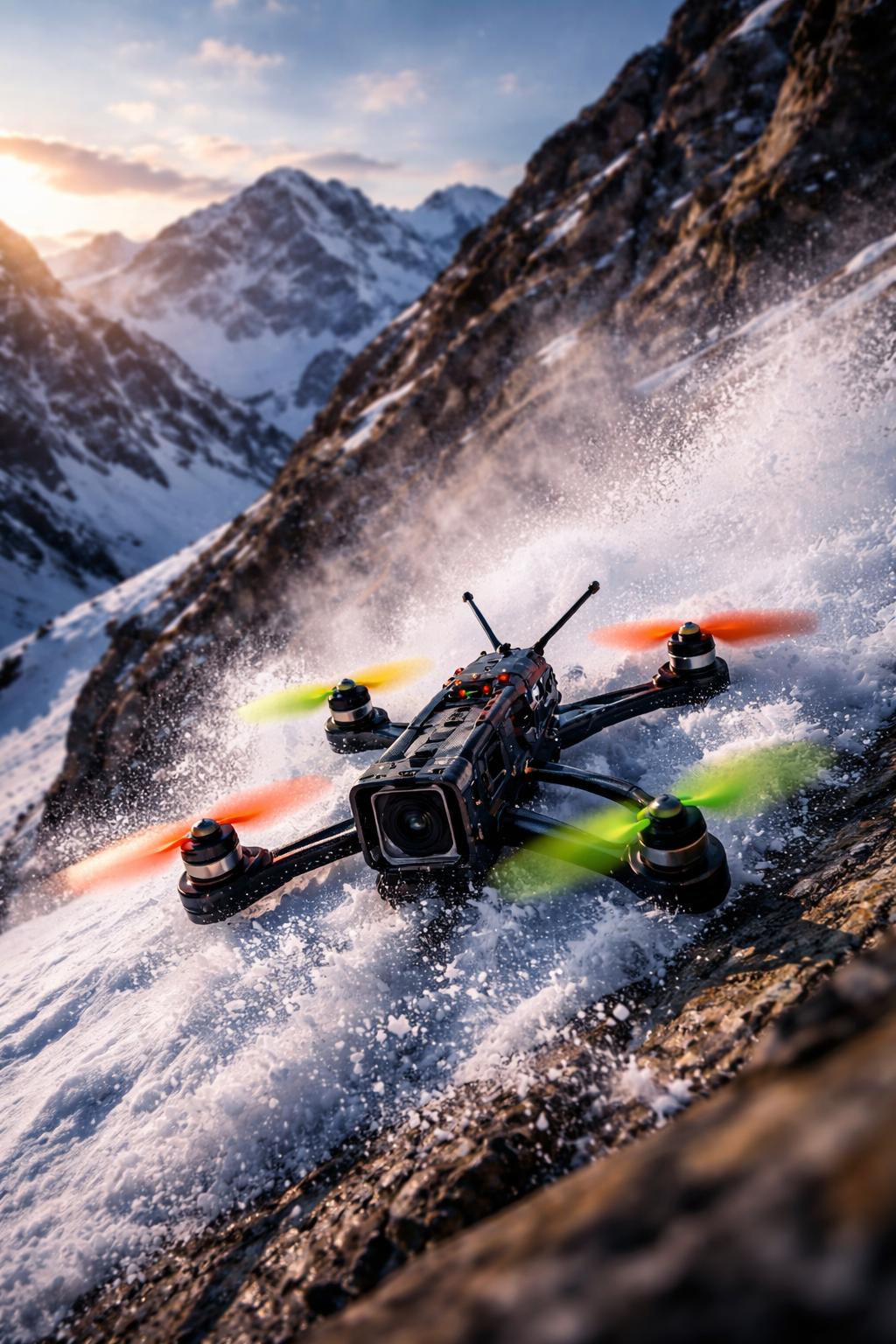A drone flying close to a snowy mountain slope during sunset or sunrise with a camera mounted on it.