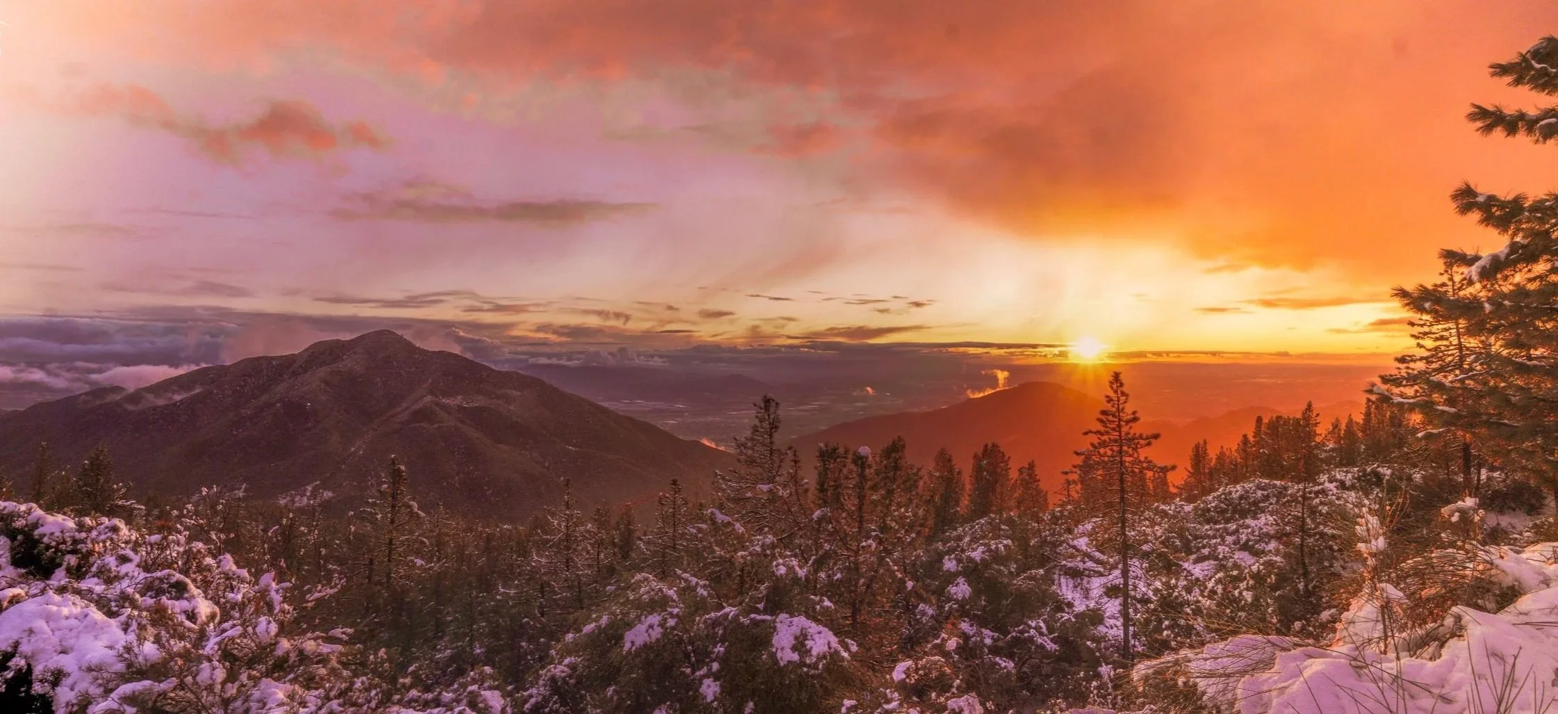 Sunset over snow-covered pine trees and mountains in a colorful sky.