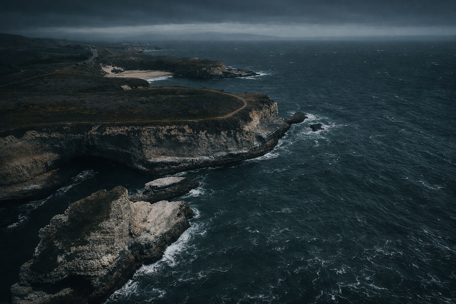 Aerial view of rugged coastline with cliffs and ocean under cloudy sky.