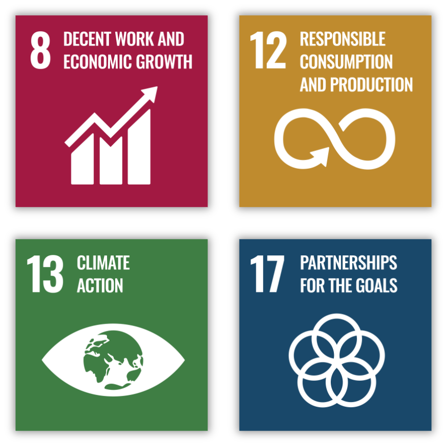 Graphic showing four sustainable development goals: Goal 8 Decent Work and Economic Growth, Goal 12 Responsible Consumption and Production, Goal 13 Climate Action, and Goal 17 Partnerships for the Goals, with icons representing each.