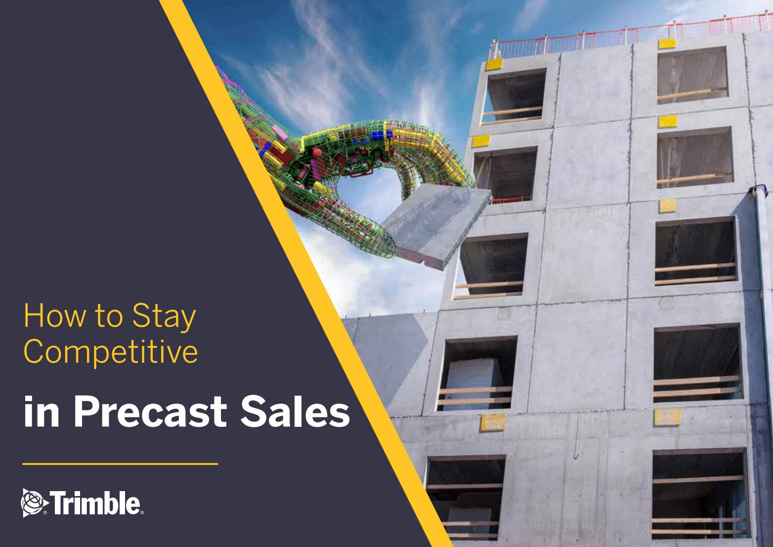 Cover of a publication titled "How to Stay Competitive in Precast Sales." The cover features an image of a construction site with a partially built concrete building, and a large colorful underground pipe structure emerging from the top of the building against a cloudy sky background.