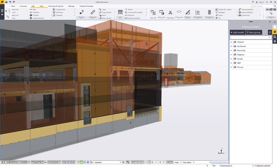 3D architectural model in Tekla Structures software, showing building sections and components with reference models listed.