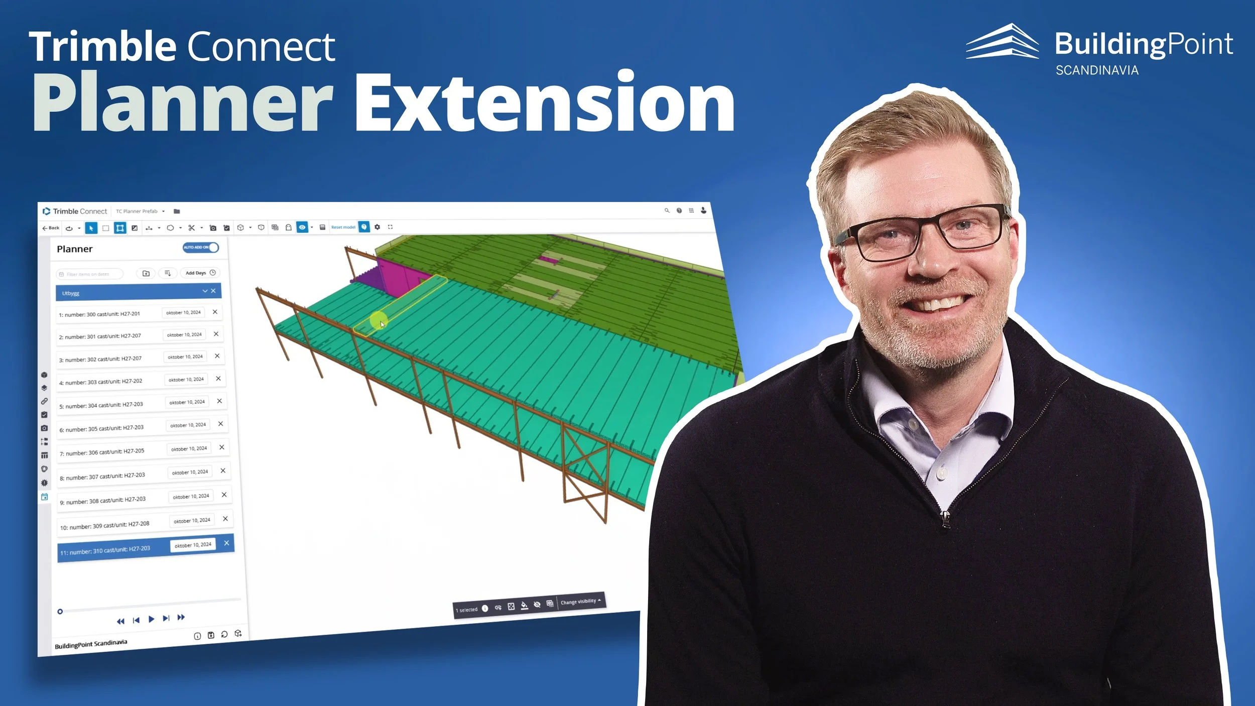Trimble Connect Planner Extension advertisement with a digital model on screen; BuildingPoint Scandinavia logo; person smiling.