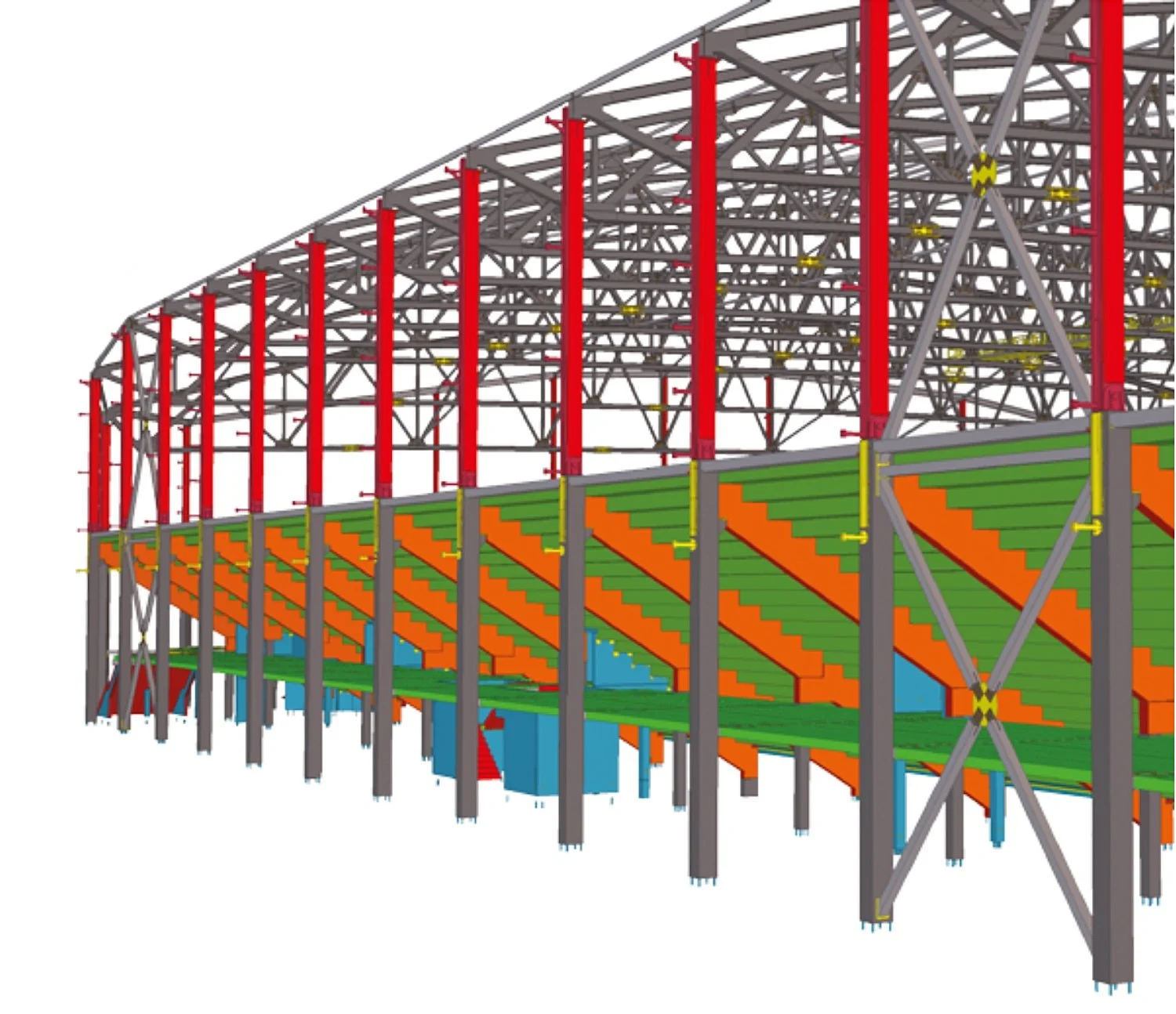 Structural steel framework of a building under construction, with red, gray, green, orange, and blue elements.