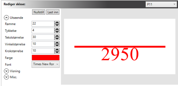 A computer screen displaying a font editing interface with a red horizontal line and the number '2950' in red font.