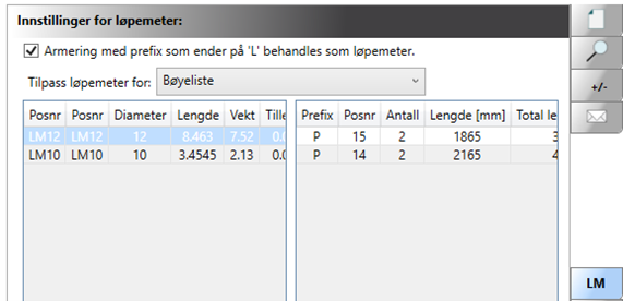 A computer screen showing a table of motorcycle part specifications and measurements, including position number, diameter, length, and weight, with the title 'Instillinger for løpemeter'.