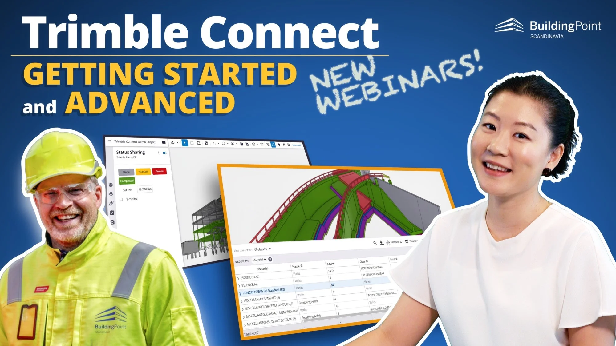 Promotional graphic for Trimble Connect, showing a smiling construction worker in safety gear, a smiling woman, and screenshots of software interfaces related to building design and project management. The background is blue with white and yellow text promoting webinars for getting started and advanced use.