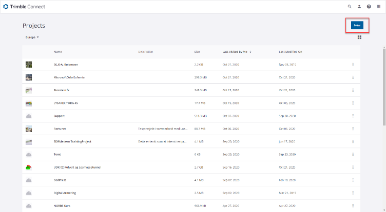 Trimble Connect projects view