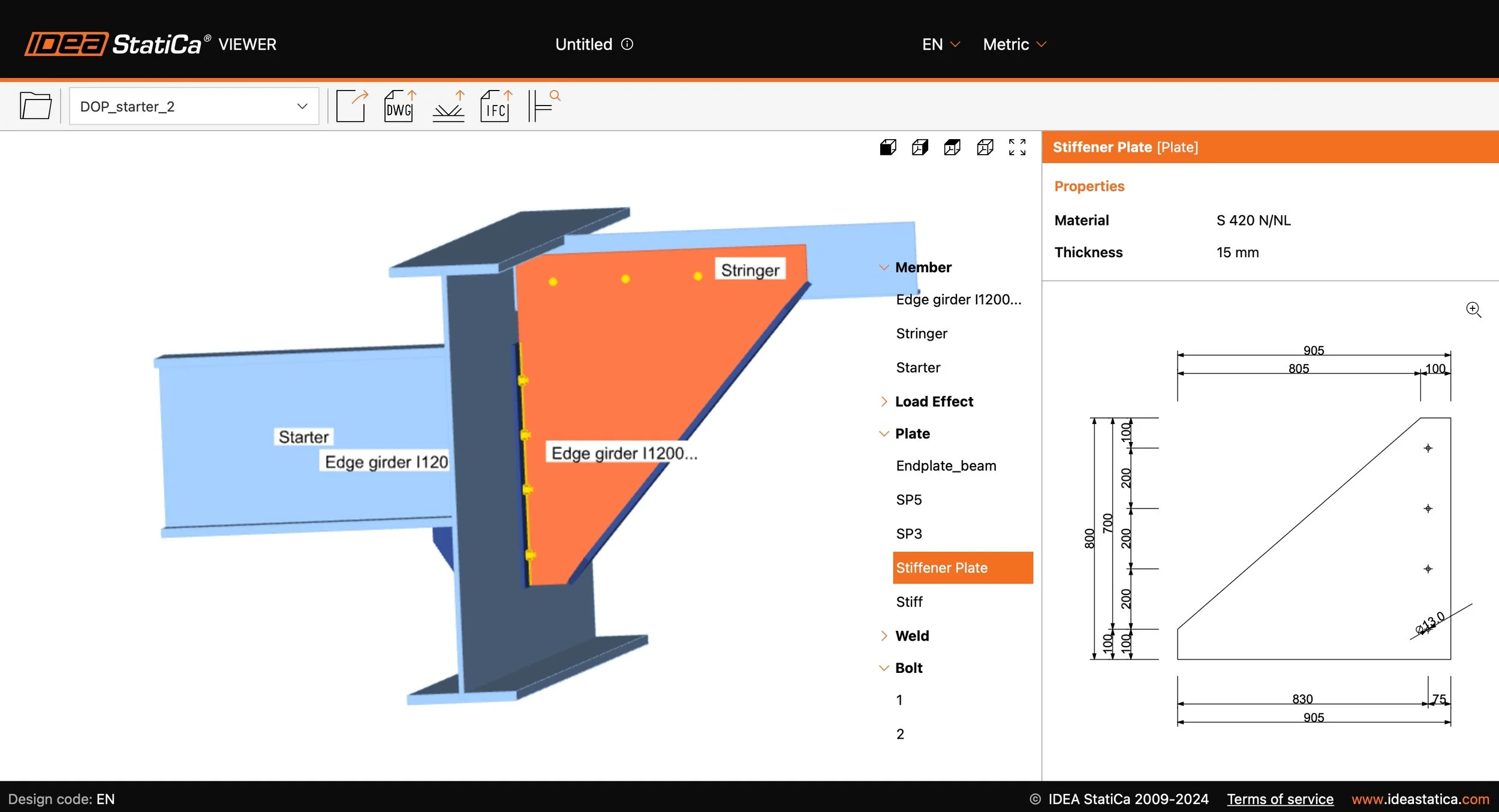Structural connection design in IDEA StatiCa Viewer showing a stiffener plate with labeled components such as stringer, starter, and edge girder. Right panel details material and thickness. Contains technical drawings and dimensions for the stiffener plate.