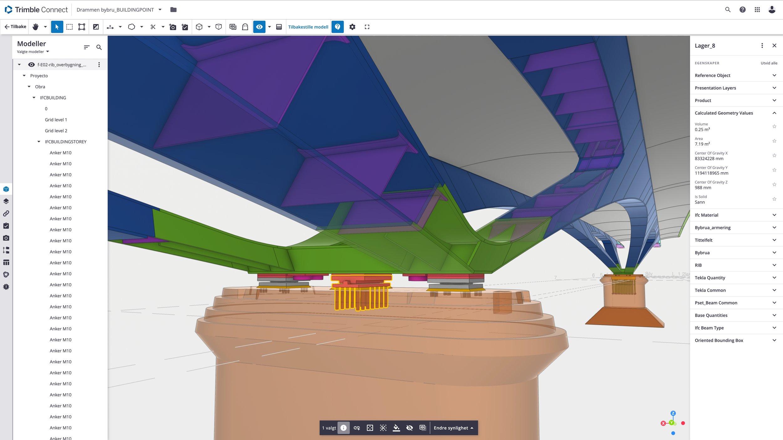3D model of building structure with color-coded elements, view from below, showing foundations, supports, and framing details in a construction design software.