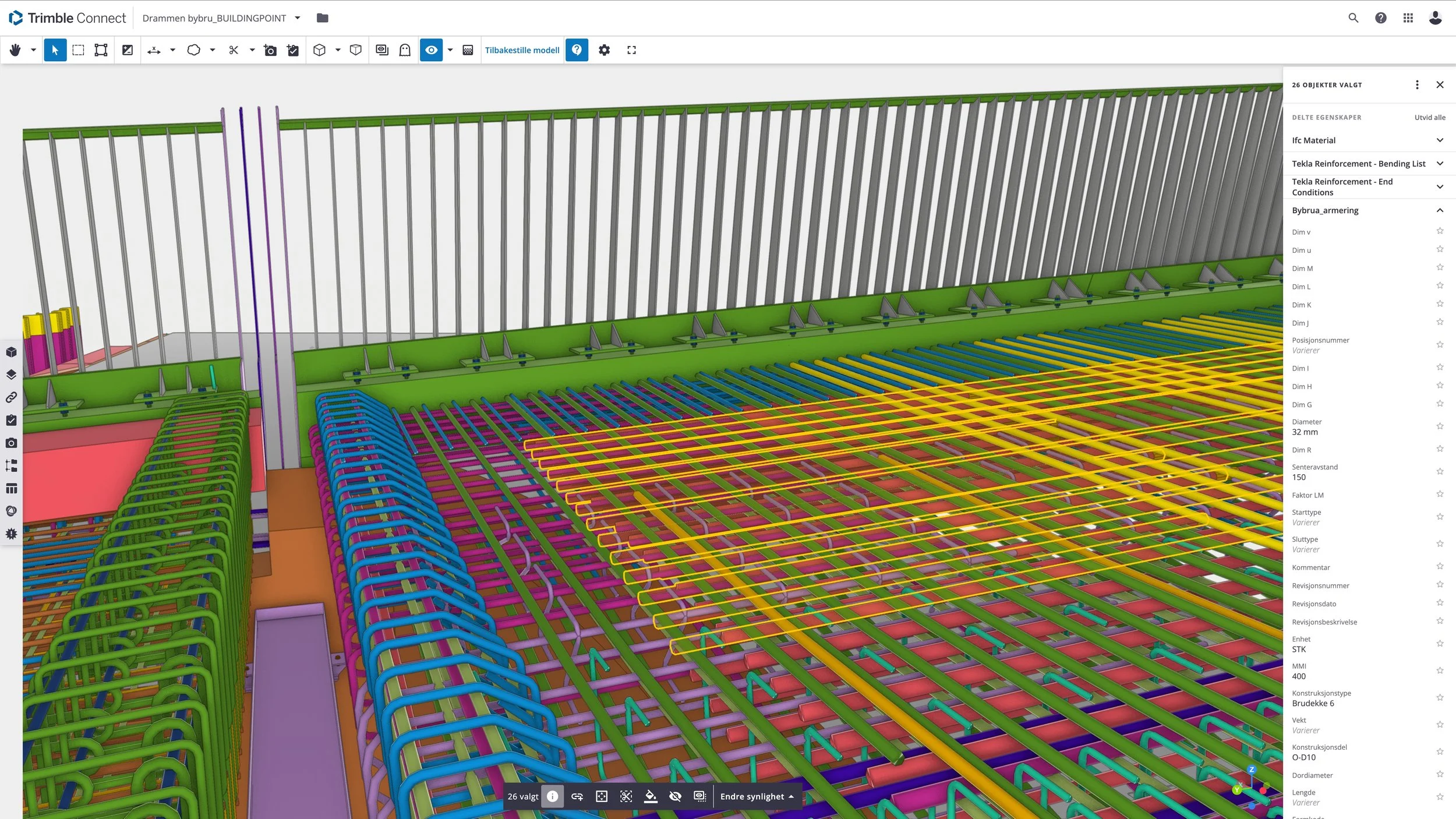 A detailed 3D model of a building structure with colored framework and reinforcements, viewed on a computer screen with a user interface for design and editing.