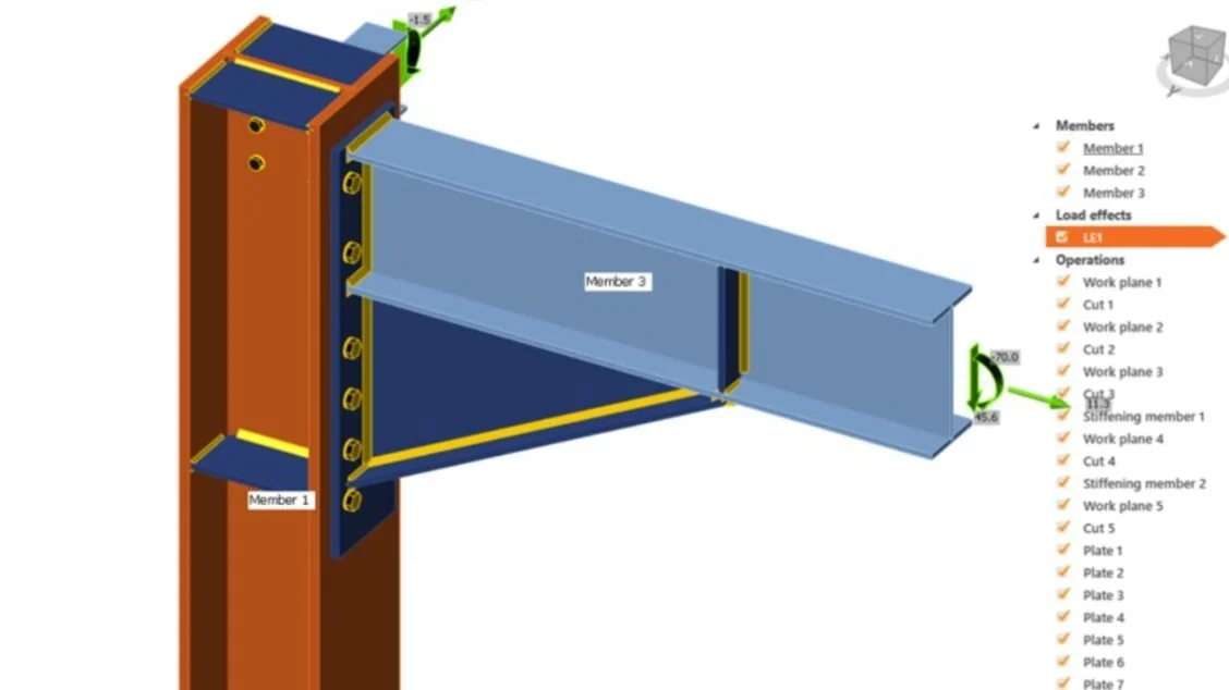 3D model of a steel beam and column connection with bolt details, labeled members, and work operations listed on the side.