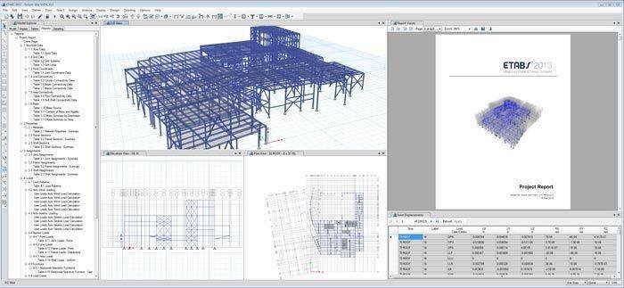 Screenshot of ETABS software interface showing a 3D structural model, project report, and data tables.