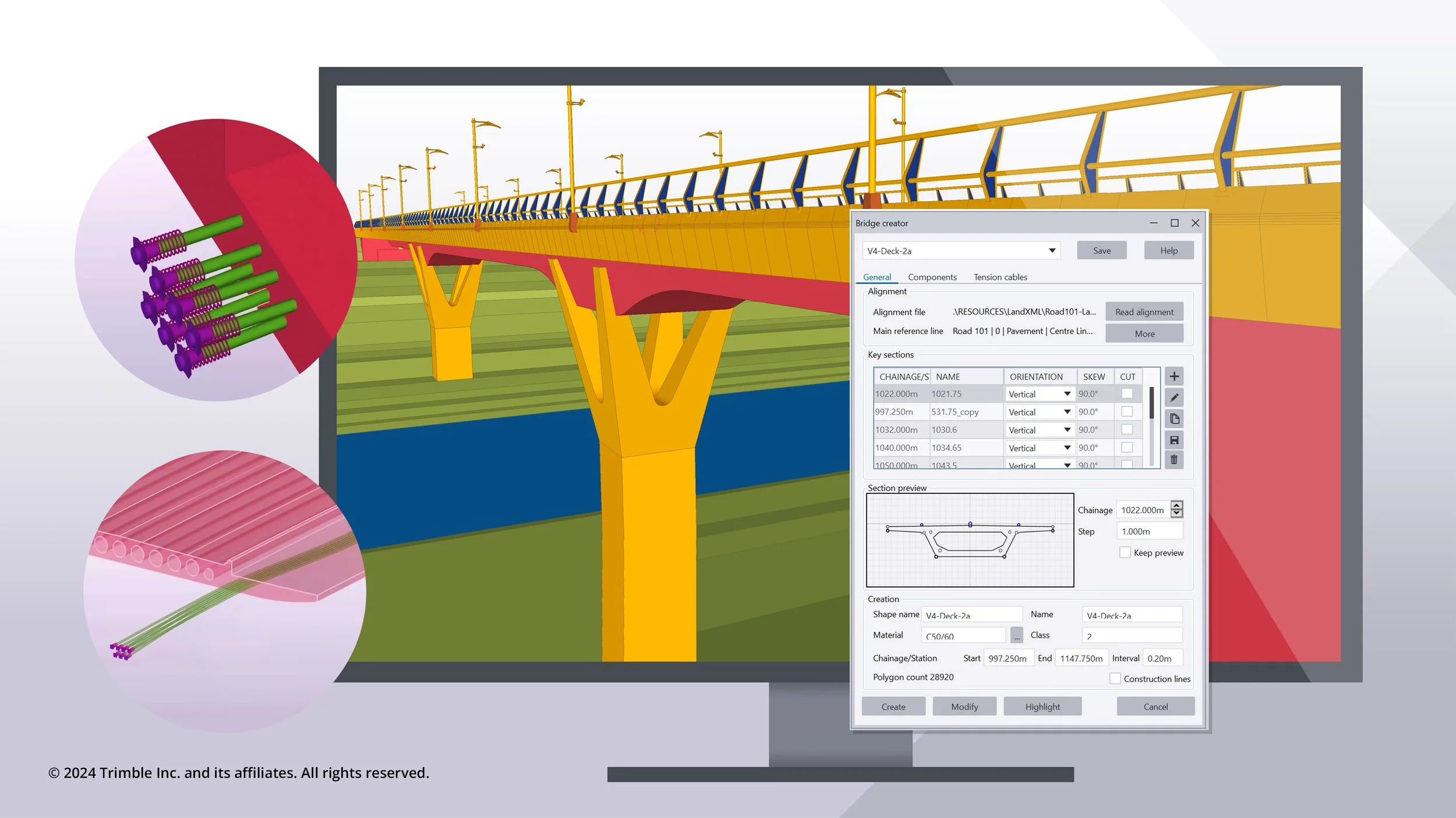 Illustration of a bridge design software interface showing a 3D model of a bridge with yellow supports and red beams. Features include a design configuration panel and cable tension details. Insets display close-ups of cable components.