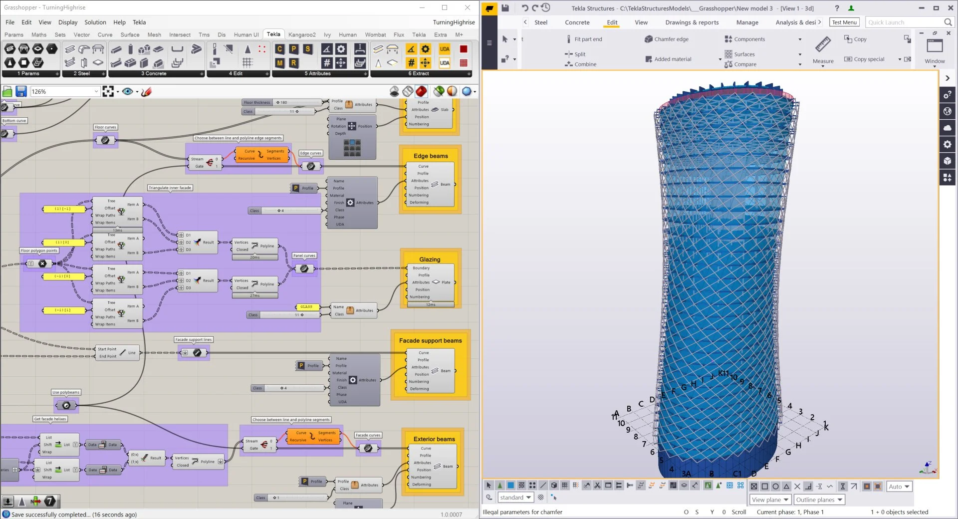 Screenshot of Grasshopper and Tekla Structures interface displaying a parametric 3D model of a twisting high-rise structure. Left side shows Grasshopper nodes and connections; right side displays the 3D model with a mesh overlay.