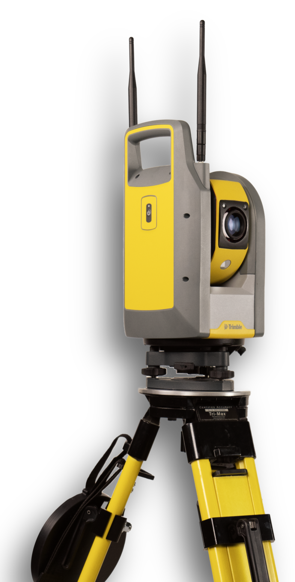 Trimble X7 laser scanner - A surveying instrument mounted on a tripod against a black background.