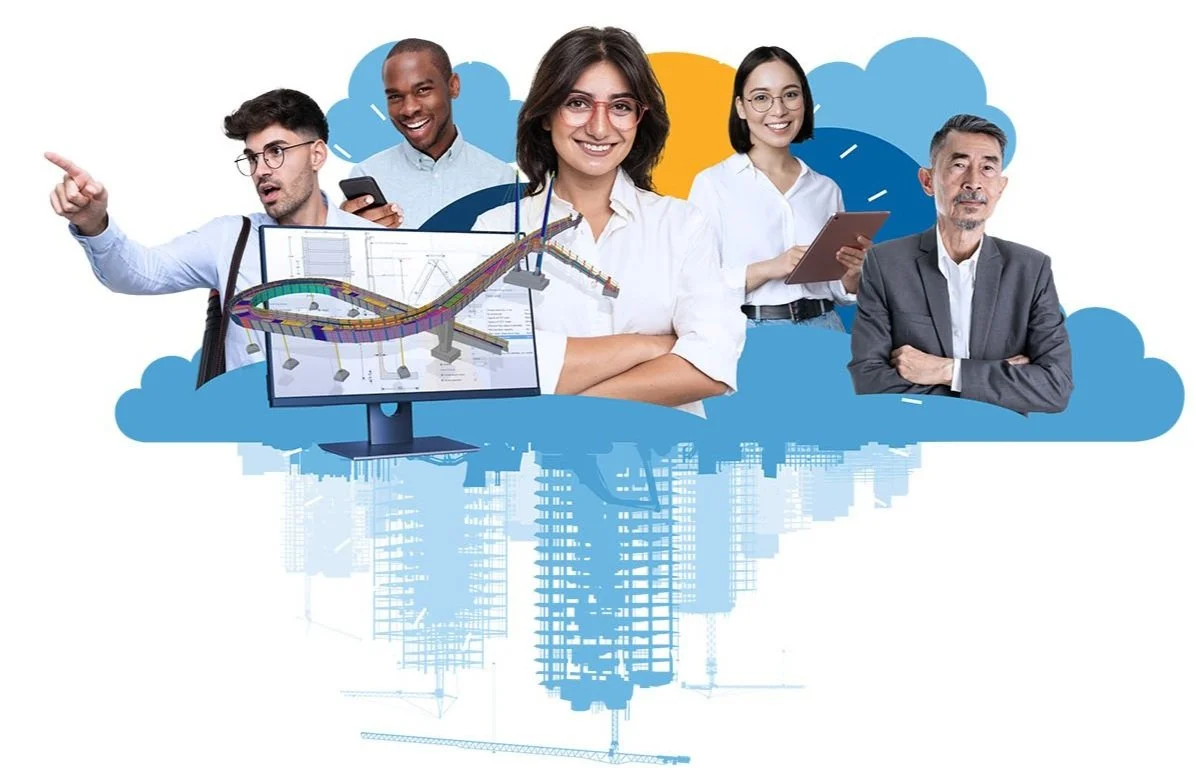 Collage of diverse professionals with a computer showing architectural design, overlaying a city skyline.