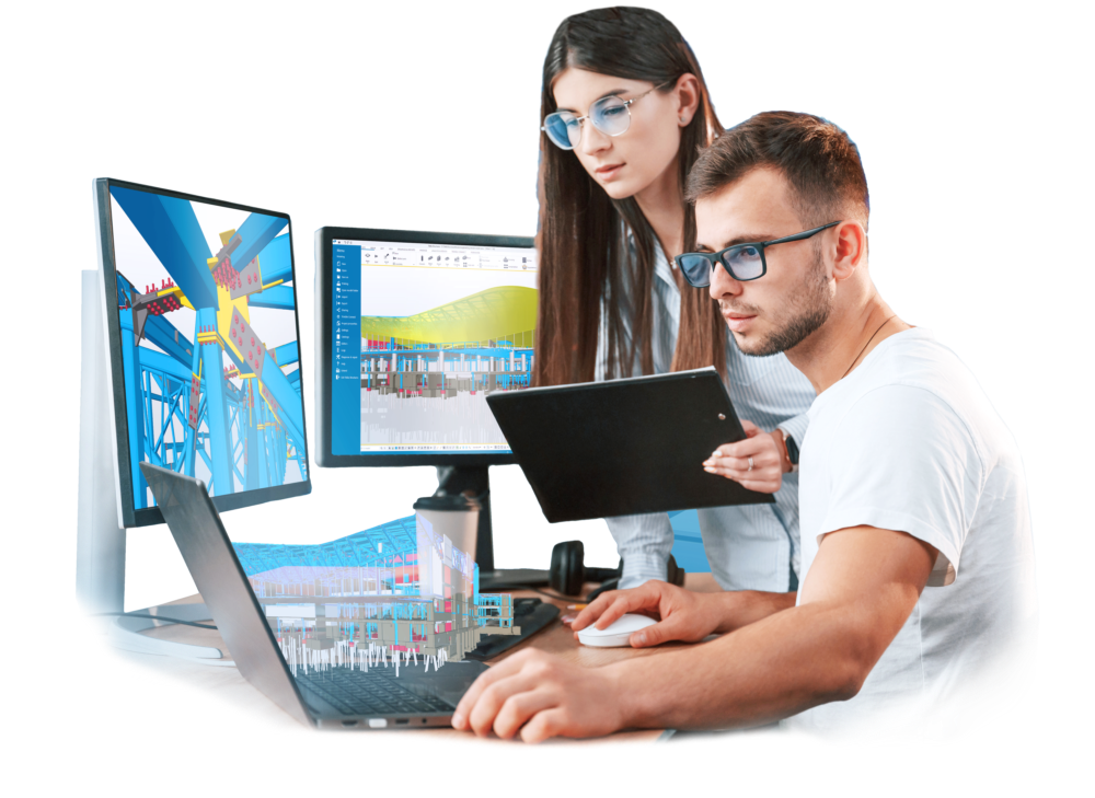 Two people working on 3D design software with multiple monitors.